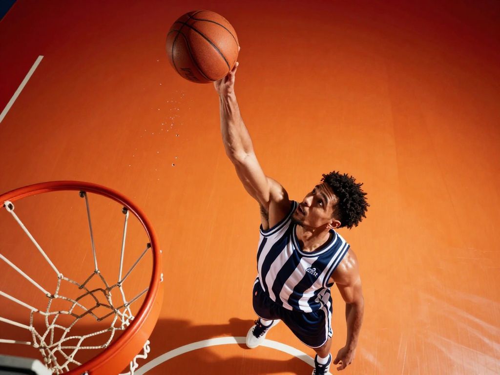 Athletic basketball player shooting above the rim, captured from low angle overhead perspective, muscular male athlete in navy and white striped jersey reaching upward with basketball, dynamic action shot with water droplets suspended in air, bright orange to deep red gradient background, professional sports photography, studio lighting with dramatic shadows on floor, vibrant saturated colors, sharp focus on player and ball, 50mm lens shallow depth of field, energetic composition emphasizing upward motion and athleticism, clean modern aesthetic with high contrast, motivational sports imagery style, GenImg AI professional quality.