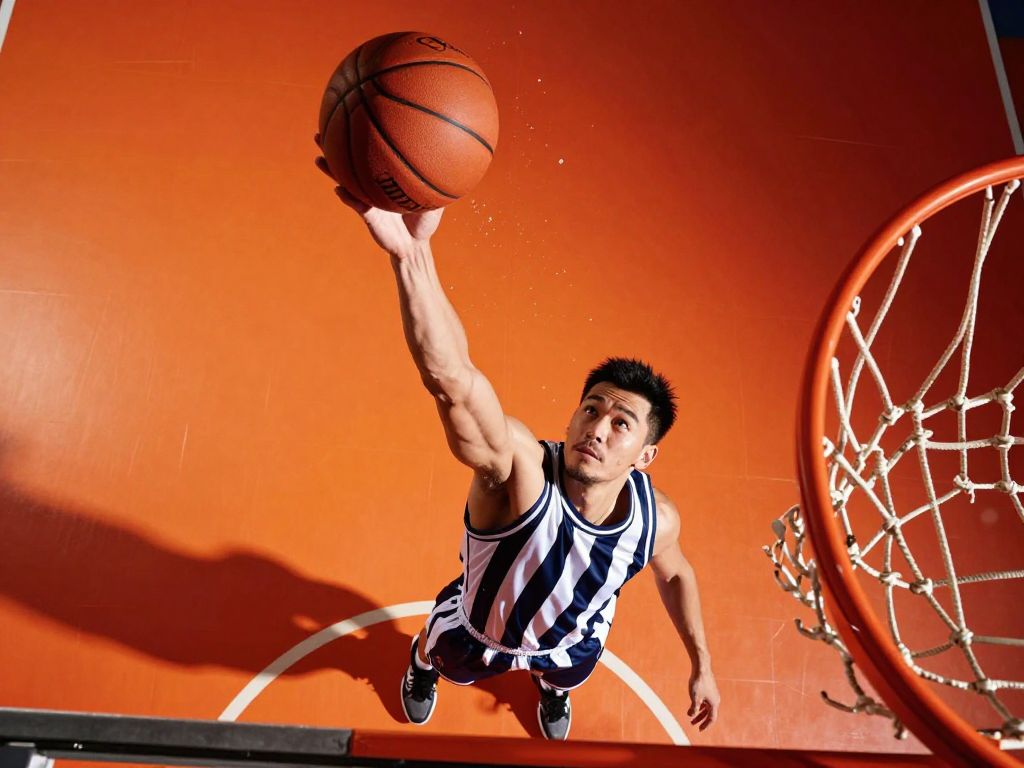 Athletic basketball player shooting above the rim, captured from low angle overhead perspective, muscular male athlete in navy and white striped jersey reaching upward with basketball, dynamic action shot with water droplets suspended in air, bright orange to deep red gradient background, professional sports photography, studio lighting with dramatic shadows on floor, vibrant saturated colors, sharp focus on player and ball, 50mm lens shallow depth of field, energetic composition emphasizing upward motion and athleticism, clean modern aesthetic with high contrast, motivational sports imagery style, GenImg AI professional quality.