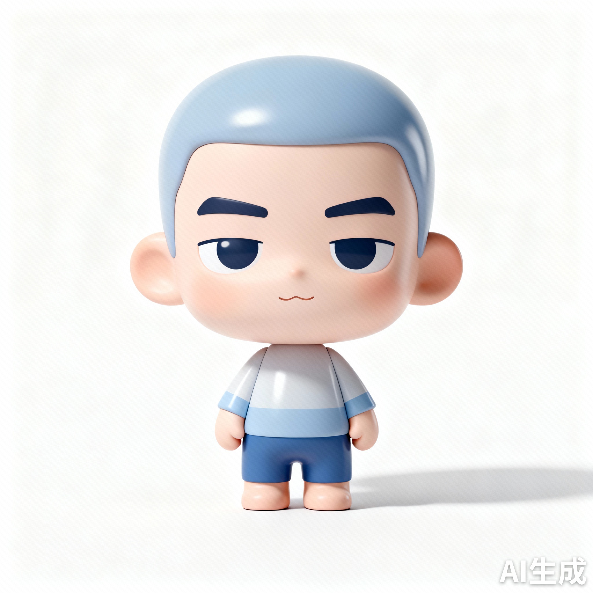 Chibi-style 3D vinyl toy of [subject], rendered in [color1] and [color2] tones, front-facing on a white background. Minimalist composition with soft shadows, oversized head and tiny body proportions, clean OC renderer output in Cinema 4D. Toy-like shine and playful charm