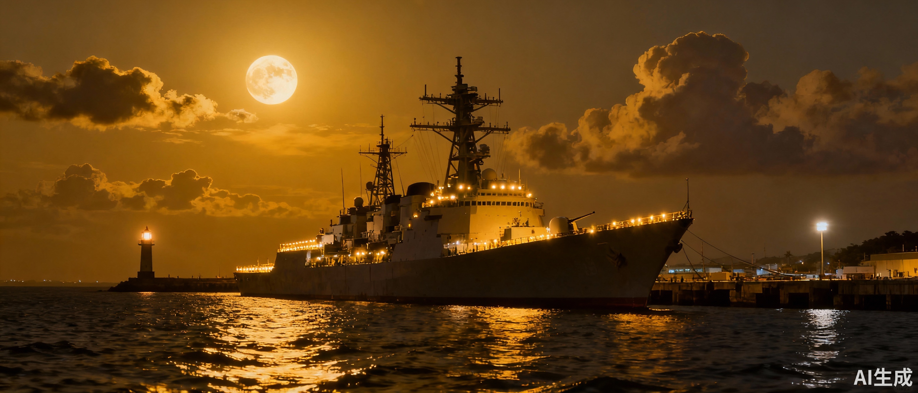 漂亮的海边夜晚,有个大型驱逐舰,吉普力风格