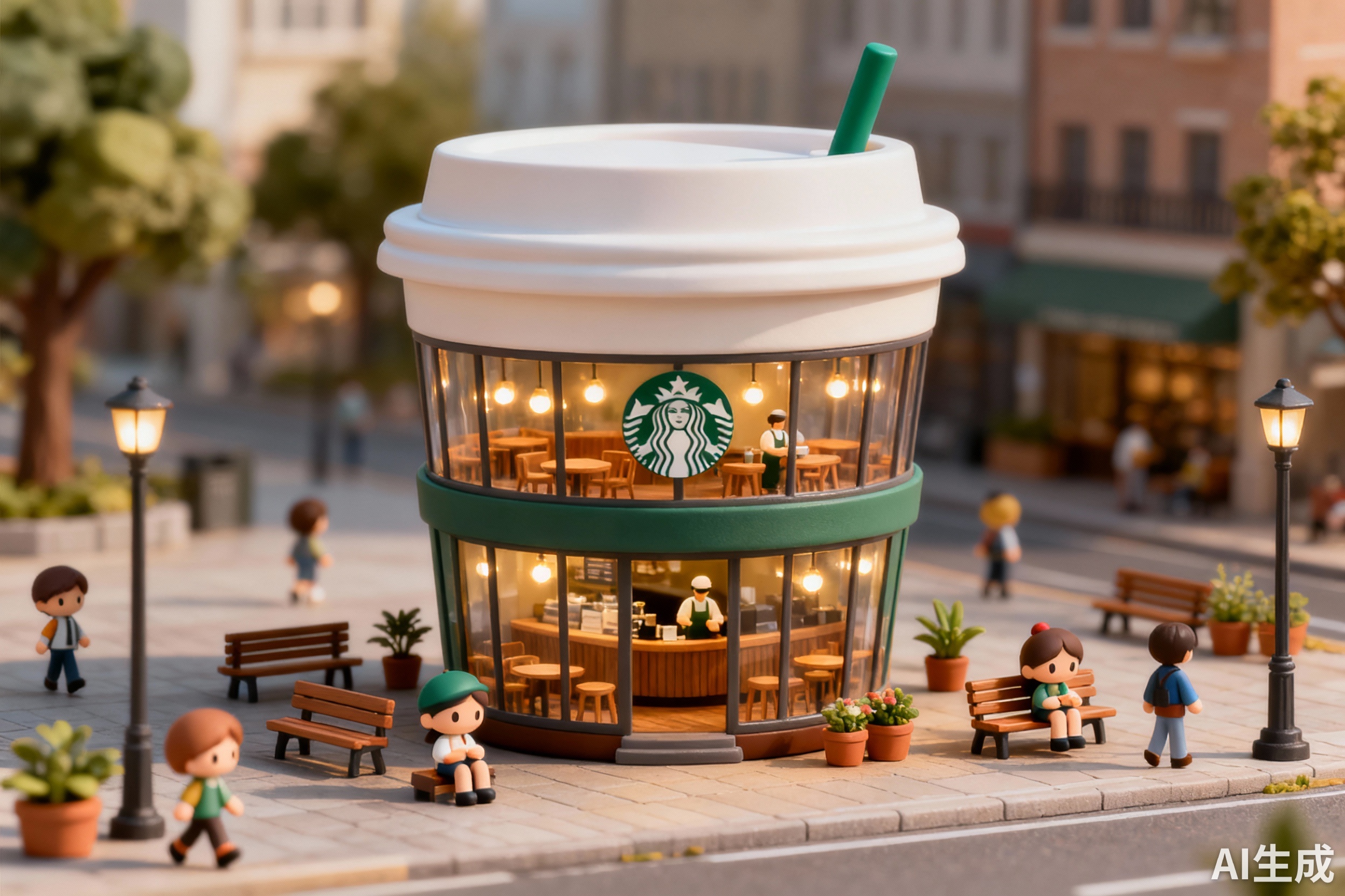 3D Q版迷你风格,一个充满奇趣的迷你星巴克咖啡馆,外观就像一个巨大的外带咖啡杯,还有盖子和吸管。建筑共两层,大大的玻璃窗清晰地展示出内部温馨而精致的设计:木质的家具、温暖的灯光以及忙碌的咖啡师们。街道上有可爱的小人偶漫步或坐着,四周布置着长凳、街灯和植物盆栽,营造出迷人的城市一角。整体采用城市微缩景观风格,细节丰富、逼真,画面光线柔和、呈现出午后的惬意感受。