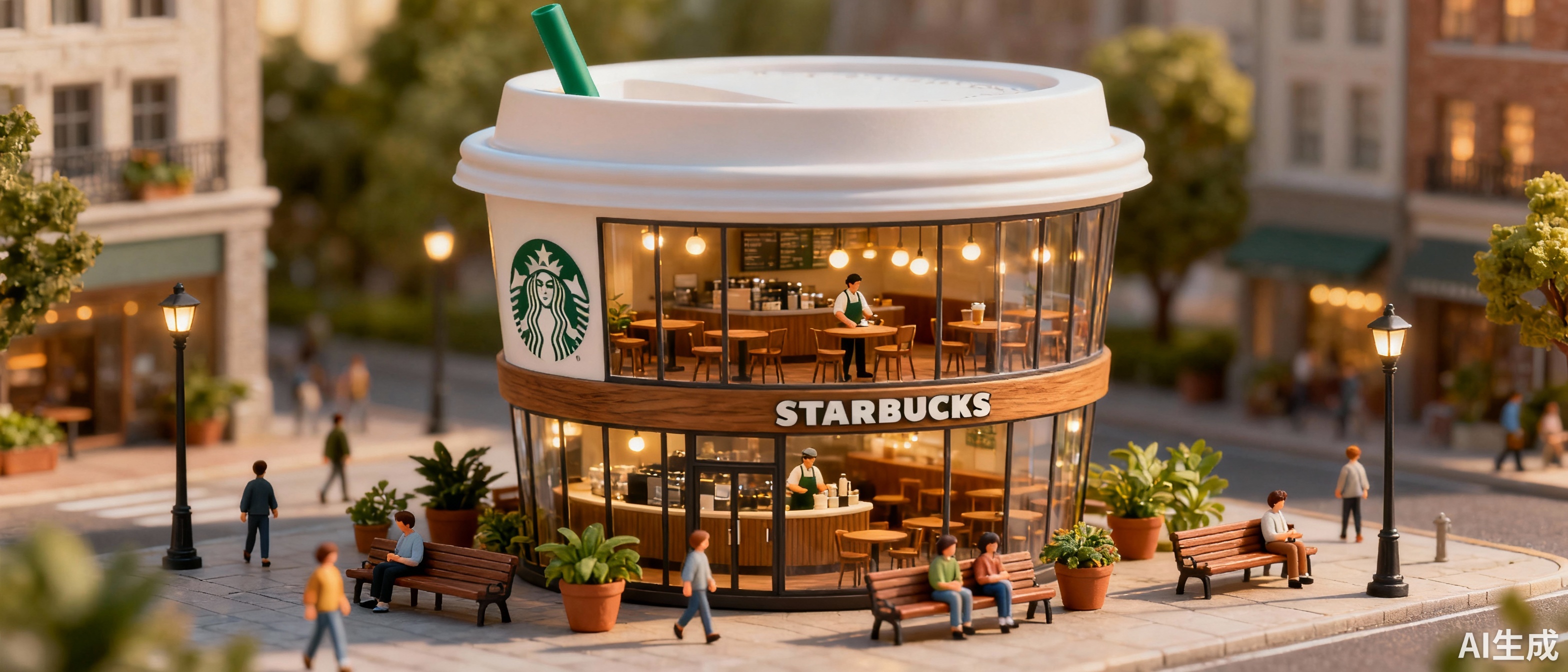 Ultra-realistic photography style, hyper-detailed 3D chibi miniaturized Starbucks coffee shop designed as a giant takeaway coffee cup with lid and straw, two-story building with expansive clear glass windows showcasing cozy, meticulously crafted interior featuring rich wooden furniture, warm ambient lighting, and bustling baristas; vibrant urban street scene with adorable miniature figurines strolling and sitting, surrounded by detailed benches, street lamps, lush potted plants, creating an enchanting cityscape vignette; soft, natural afternoon lighting enhancing warm, inviting atmosphere; sharp focus, high resolution, photorealistic textures, dynamic depth of field, cinematic composition, 8K resolution, volumetric lighting, realistic reflections and shadows, architectural precision, capturing the charm and whimsical essence of a miniature urban environment.