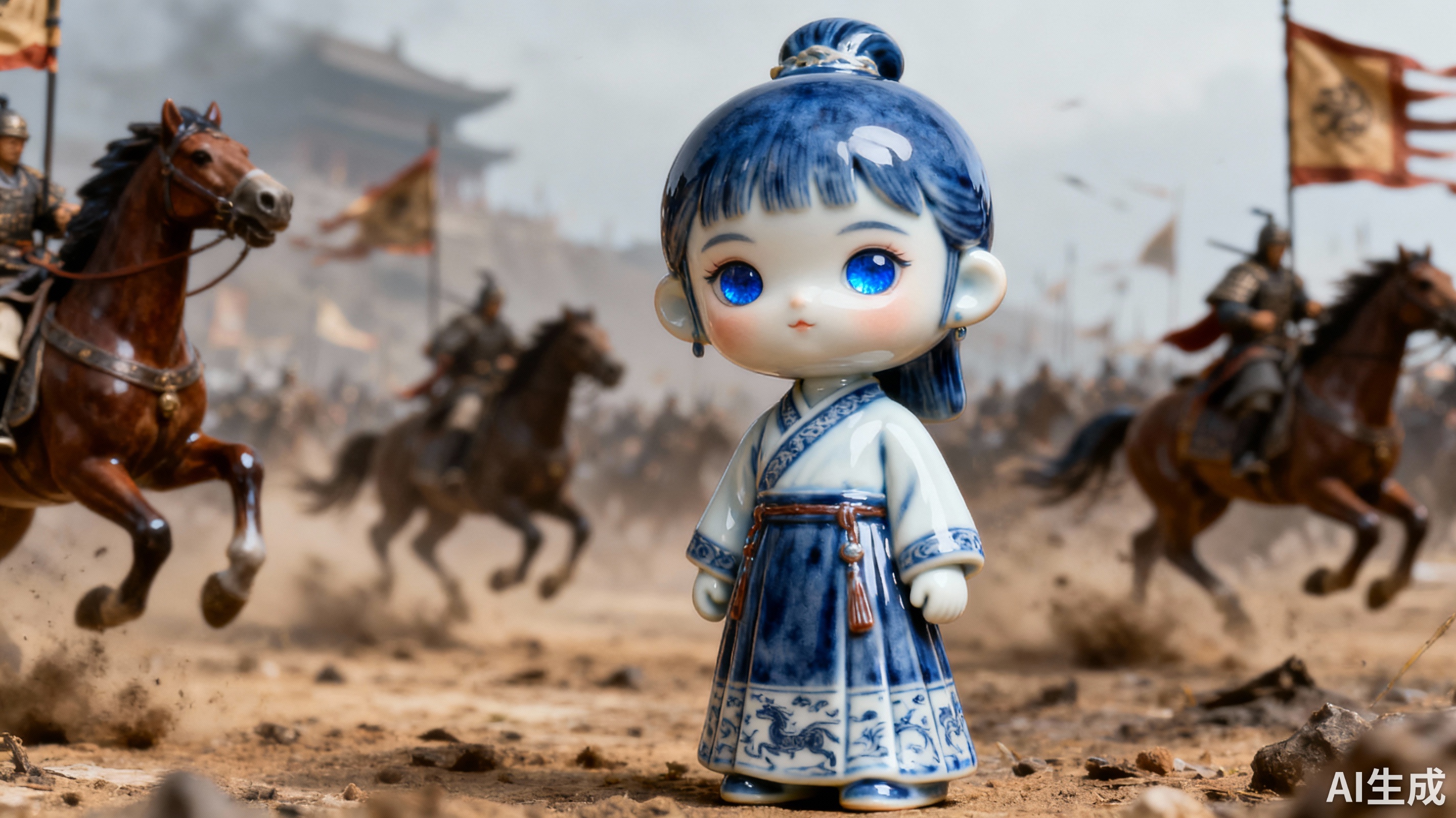 拟人化,Q版二头身,瓷质,小女孩,大脑袋,圆脑袋,宝石蓝的水灵灵的大眼睛,身穿马面裙,站如松,背景古代战场飞驰的战马和旗帜,微距镜头,肃杀,超多细节,超级氛围感,电影级镜头}-“瓷质”小女孩有点瓷器的质感