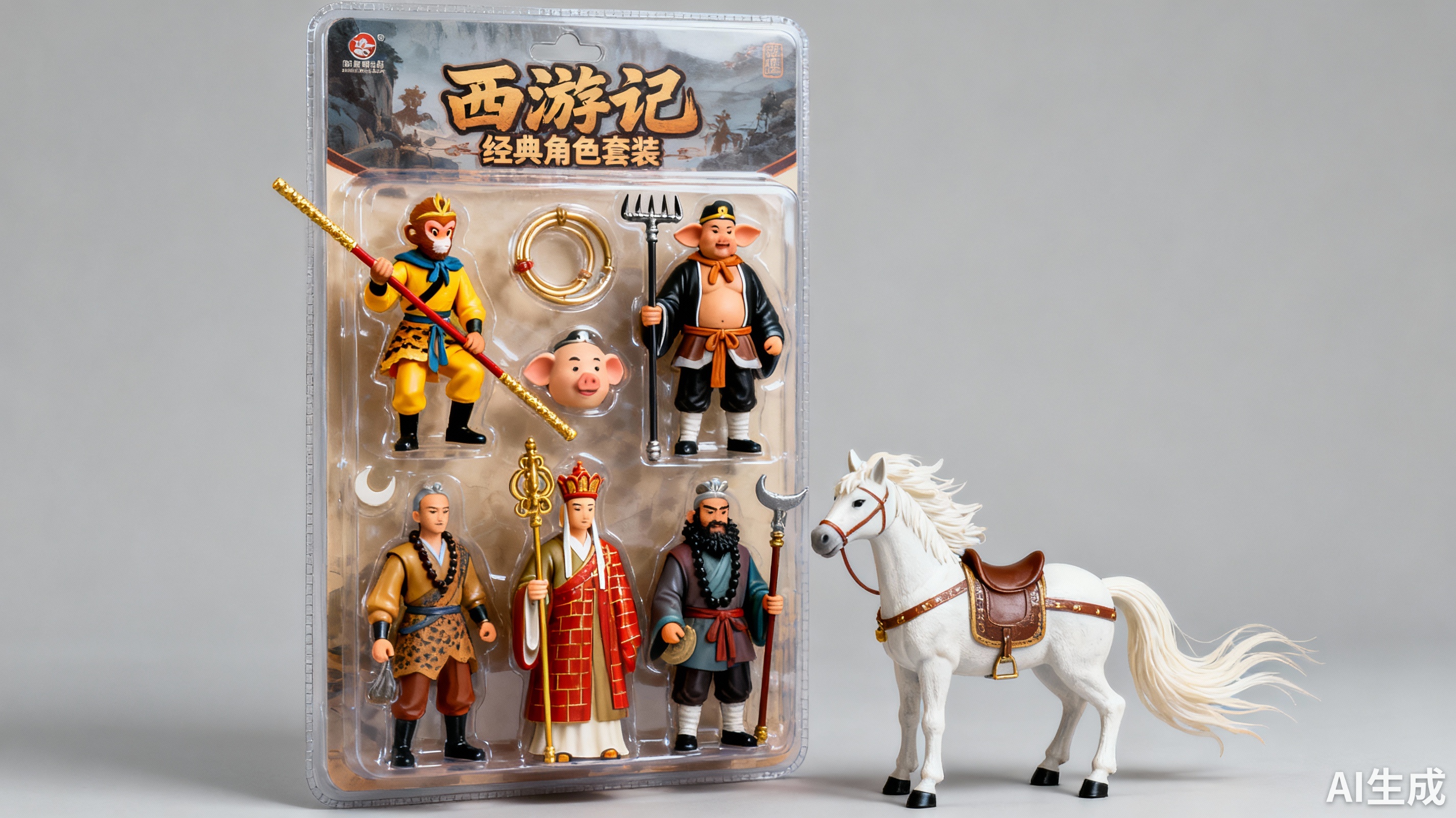 塑料动作人偶,包装里有一个孙悟空,猪八戒,唐僧,沙僧四人,西游记白龙马。包装顶部标有“xxxxxx”。印刷品,整套产品采用透明塑料泡罩包装,背景为中性,吸塑挂卡包装,写实主义风格。中国风,等距视角包装展示,真人比例。(套装还包括配件:自行填写)